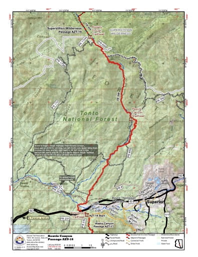 Map of Reavis Canyon - Passage AZT-18 - of the Arizona Trail in Arizona. Published by the Arizona Trail Association.