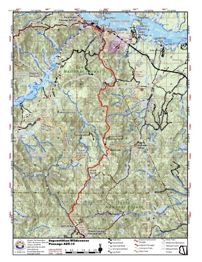 Map of Superstition Wilderness - Passage AZT-19 - of the Arizona Trail in Arizona. Published by the Arizona Trail Association.