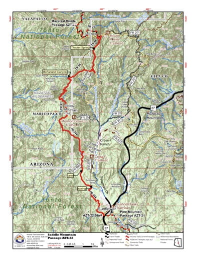 Map of Saddle Mountain - Passage AZT-22 - of the Arizona Trail in Arizona. Published by the Arizona Trail Association.