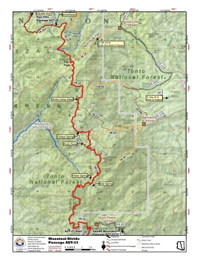 Map of Mazatzal Divide - Passage AZT-23 - of the Arizona Trail in Arizona. Published by the Arizona Trail Association.