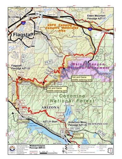 Map of Walnut Canyon - Passage AZT-31 - of the Arizona Trail in Arizona. Published by the Arizona Trail Association.