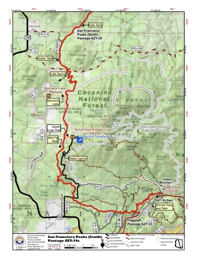 Map of San Francisco Peaks South - Passage AZT-34s - of the Arizona Trail in Arizona. Published by the Arizona Trail Association.