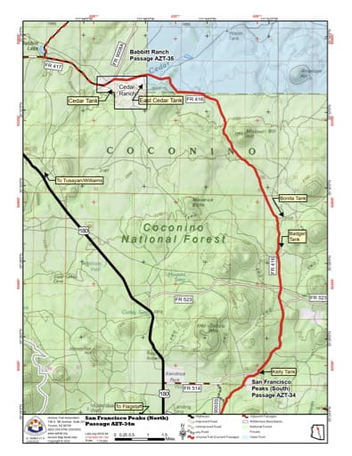 Map of San Francisco Peaks North - Passage AZT-34n - of the Arizona Trail in Arizona. Published by the Arizona Trail Association.