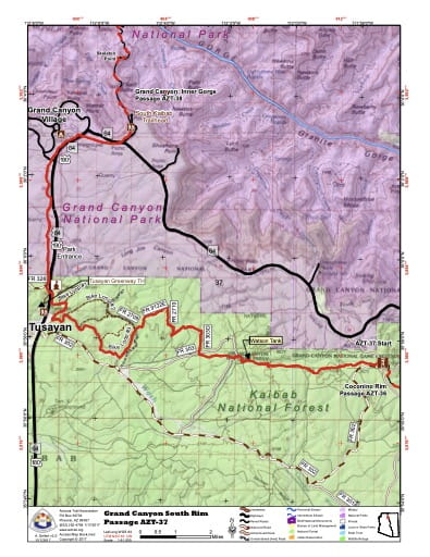 Map of Grand Canyon South Rim - Passage AZT-37 - of the Arizona Trail in Arizona. Published by the Arizona Trail Association.