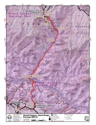 Map of Grand Canyon Inner Gorge - Passage AZT-38 - of the Arizona Trail in Arizona. Published by the Arizona Trail Association.