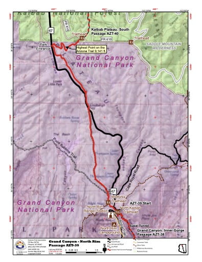 Map of Grand Canyon North Rim - Passage AZT-39 - of the Arizona Trail in Arizona. Published by the Arizona Trail Association.