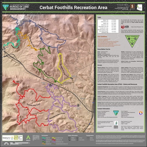 Trails Map of Cerbat Foothills Recreation Area (RA) in the BLM Kingman Field Office area in Arizona. Published by the Bureau of Land Management (BLM).