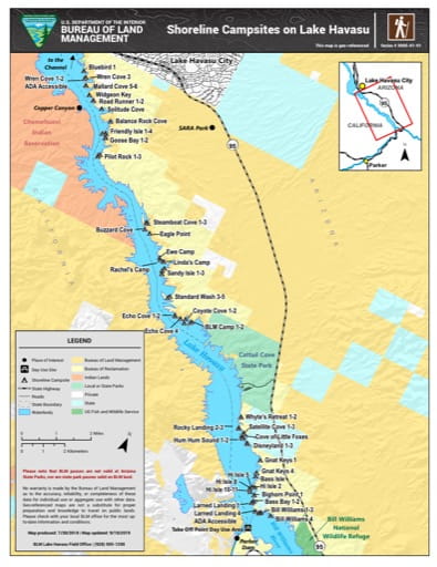 Map of Shoreline Campsites at Lake Havasu in Arizona. Published by the Bureau of Land Management (BLM).
