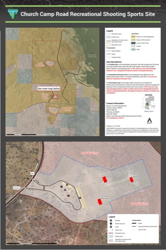 Map of Church Camp Road Recreational Shooting Sports Site in the BLM Phoenix District area in Arizona. Published by the Bureau of Land Management (BLM).