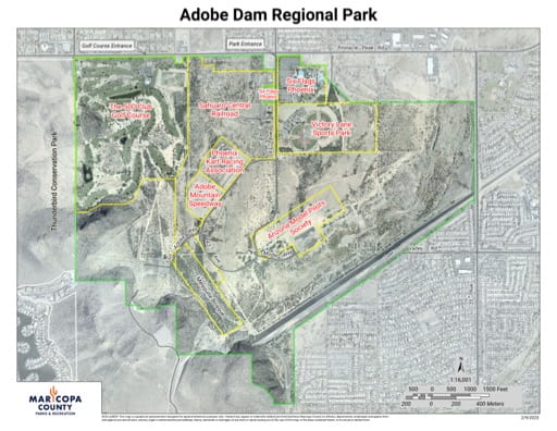 Visitor Map of Adobe Dam Regional Park in Maricopa County in Arizona. Published by Maricopa County Parks and Recreation Department.