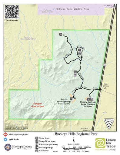 Visitor Map of Buckeye Hills Regional Park in Maricopa County in Arizona. Published by Maricopa County Parks and Recreation Department.