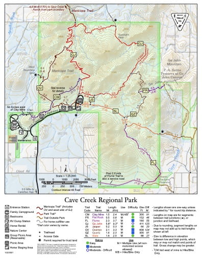 Visitor Map of Cave Creek Regional Park in Maricopa County in Arizona. Published by Maricopa County Parks and Recreation Department.