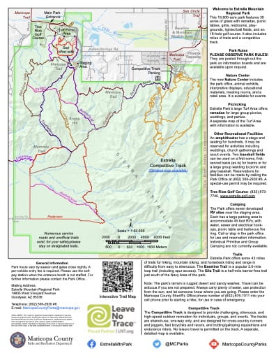 Visitor Map of Estrella Mountain Regional Park in Maricopa County in Arizona. Published by Maricopa County Parks and Recreation Department.