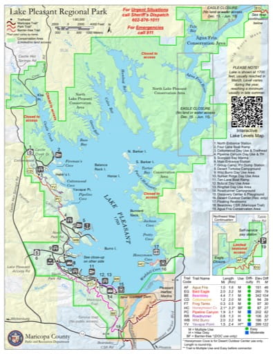 Visitor Map of Lake Pleasant Regional Park in Maricopa County in Arizona. Published by Maricopa County Parks and Recreation Department.