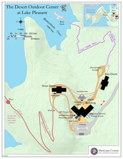 Visitor Map of the Desert Outdoor Center at Lake Pleasant in Maricopa County in Arizona. Published by Maricopa County Parks and Recreation Department.