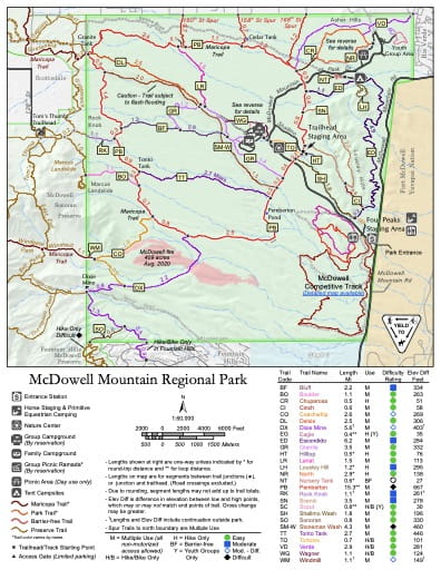 Visitor Map of McDowell Mountain Regional Park in Maricopa County in Arizona. Published by Maricopa County Parks and Recreation Department.