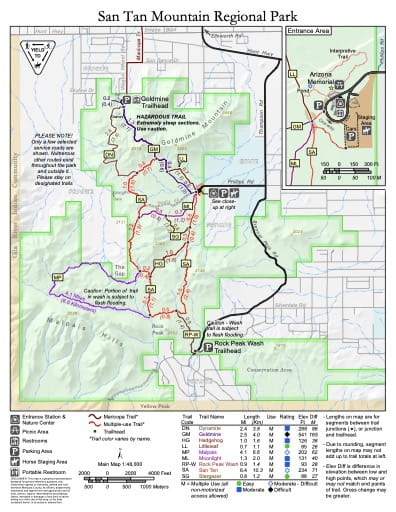 Visitor Map of San Tan Mountain Regional Park in Maricopa County in Arizona. Published by Maricopa County Parks and Recreation Department.