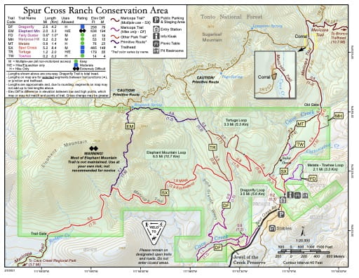 Visitor Map of Spur Cross Ranch Conservation Area in Maricopa County in Arizona. Published by Maricopa County Parks and Recreation Department.