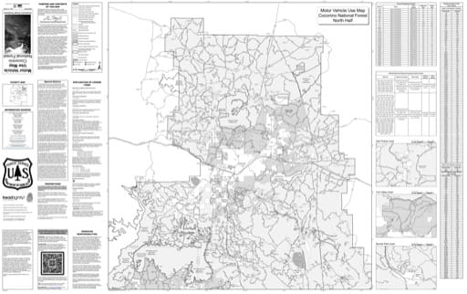 Motor Vehicle Use Map (MVUM) of the North Half of Coconino National Forest (NF) in Arizona. Published by the U.S. Forest Service (USFS).