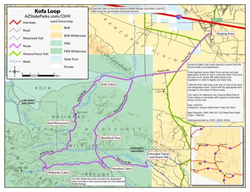 Map of Kofa Route Off-Highway Vehicle area (OHV) in the Kofa National Wildlife Refuge (NWR). Published by Arizona State Parks & Trails.