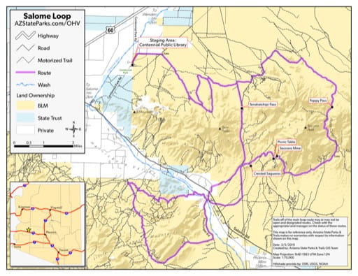 Map of Salome Loop Off-Highway Vehicle area (OHV) near Salome, Arizona in the Sonoran Desert. Published by Arizona State Parks & Trails.