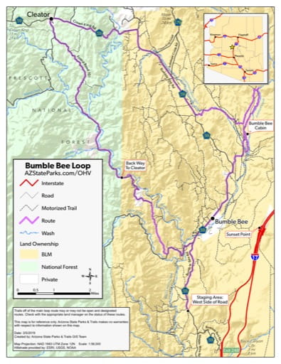 Map of Bumble Bee Route Off-Highway Vehicle area (OHV) near the historic ghost town of Cleator, Arizona. Published by Arizona State Parks & Trails.