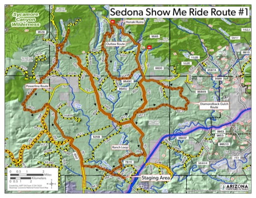 Map of Sedona Route 1 OHV trail (Off-Highway Vehicle) with stops at the Honaki Ruins, Robber’s Roost and an exciting trip down the powerline route. Published by Arizona State Parks & Trails.