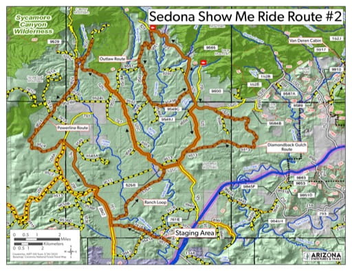 Map of Sedona Route 2 OHV trail (Off-Highway Vehicle) with stops at Van Deren Cabin, Devils Bridge and the Honaki Ruins. Published by Arizona State Parks & Trails.
