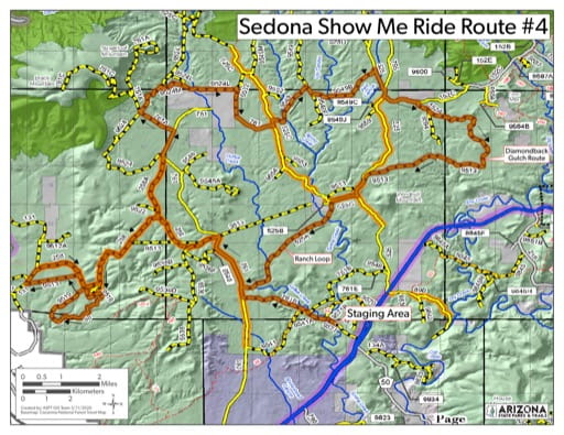 Map of Sedona Show me Ride Route 4 OHV trail (Off-Highway Vehicle). Published by Arizona State Parks & Trails.