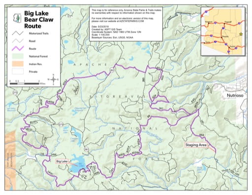 Map of Bear Claw Off-Highway Vehicle (OHV) Route in the Big Lake area in Arizona. Published by Arizona State Parks & Trails.