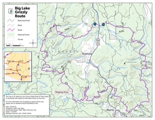Map of Grizzly Off-Highway Vehicle (OHV) Route in the Big Lake area in Arizona. Published by Arizona State Parks & Trails.