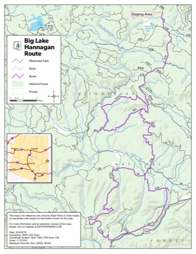 Map of Hannagan Off-Highway Vehicle (OHV) Route in the Big Lake area in Arizona. Published by Arizona State Parks & Trails.