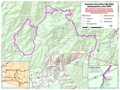 Map of the Superior Show Me Ride Off-Highway Vehicle Route (OHV) near Superior in Arizona. Published by Arizona State Parks & Trails.