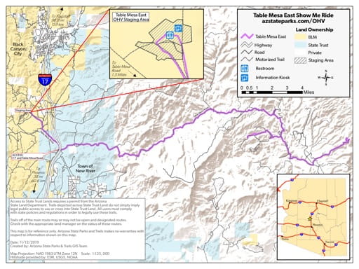 Map of the Table Mesa East Show Me Ride Off-Highway Vehicle Route (OHV) near Town of New River in Arizona. Published by Arizona State Parks & Trails.