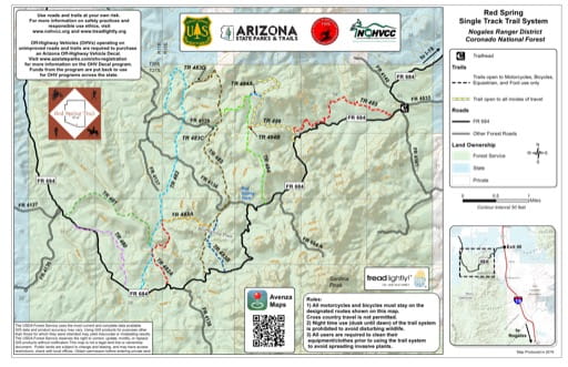 Map of the Red Sprign Single Track Trail System in the Nogales Ranger District of the Coronado National Forest (NF) in Arizona. Published by Arizona State Parks & Trails.