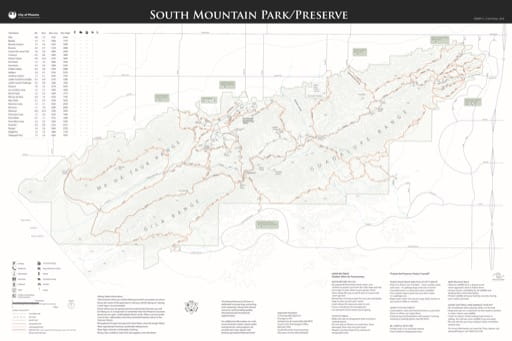 Trails Map of South Mountain Park/Preserve in Phoenix in Arizona. Published by the City of Phoenix, Parks and Recreation Department.