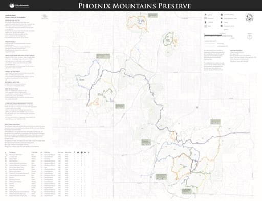 Trails Map of Phoenix Mountains Preserve in Phoenix in Arizona. Published by the City of Phoenix, Parks and Recreation Department.