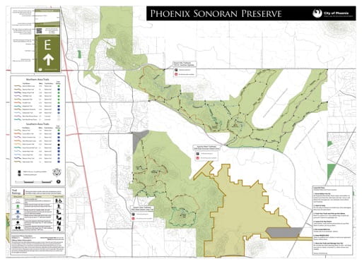 Trails Map of Sonoran Preserve in Phoenix in Arizona. Published by the City of Phoenix, Parks and Recreation Department.