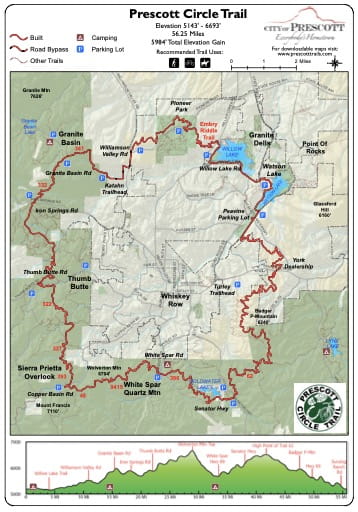 Map of Prescott Circle Trail near the City of Prescott in Arizona. Published by the City of Prescott.