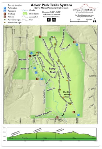 Map of the Acker Park Trails System near the City of Prescott in Arizona. Published by the City of Prescott.