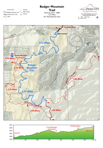 Map of Badger Mountain Trail near the City of Prescott in Arizona. Published by the City of Prescott.