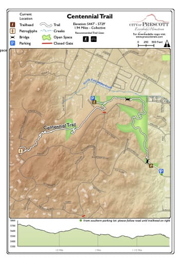 Map of Centennial Trail near the City of Prescott in Arizona. Published by the City of Prescott.