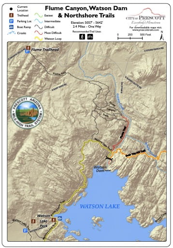Map of Flume Canyon, Watson Dam & Northshore Trails at Watson Lake near the City of Prescott in Arizona. Published by the City of Prescott.