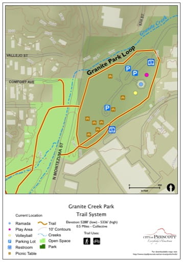 Map of Granite Creek Park Trails near the City of Prescott in Arizona. Published by the City of Prescott.