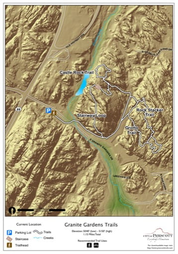 Map of Granite Garden Trails near the City of Prescott in Arizona. Published by the City of Prescott.