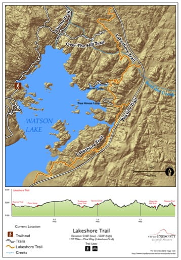 Map of Lakeshore Trail at Watson Lake near the City of Prescott in Arizona. Published by the City of Prescott.