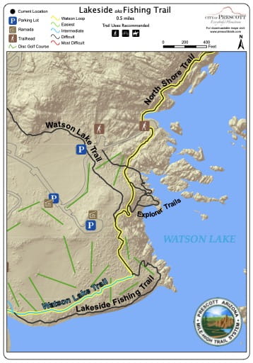 Map of Lakeside aka Fishing Trail at Watson Lake near the City of Prescott in Arizona. Published by the City of Prescott.