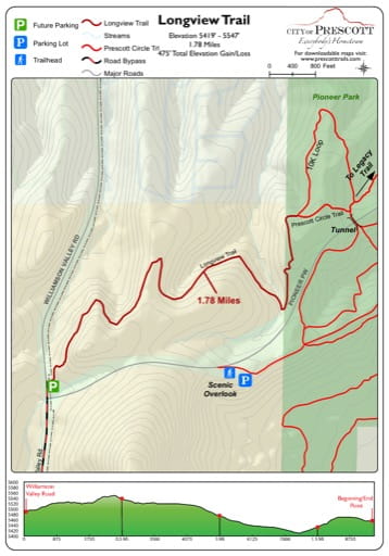 Map of Longview Trail near the City of Prescott in Arizona. Published by the City of Prescott.