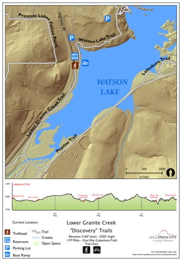 Map of Lower Granite Creek Discovery Trails at Watson Lake near the City of Prescott in Arizona. Published by the City of Prescott.