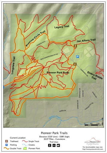 Map of Pioneer Park Trails near the City of Prescott in Arizona. Published by the City of Prescott.